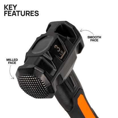 Klein Tools H80693 - Martillo de doble cara de 3 libras con mango de fibra de vidrio, diseño resistente a los golpes para golpes y demolición, incluye agujero para cordón