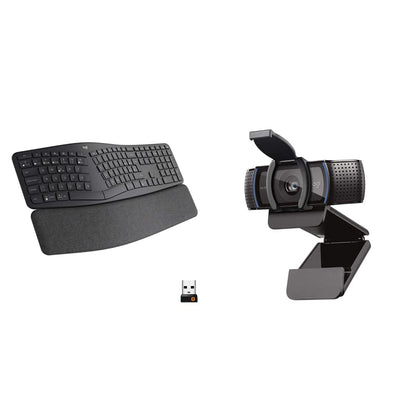 Logitech Ergo K860 Teclado Partido, inalámbrico y ergonómico, Escritura Natural, conectividad Bluetooth y USB, Compatible con Windows/Mac, Negro + C920s HD Pro Webcam con Tapa de privacidad, Negra