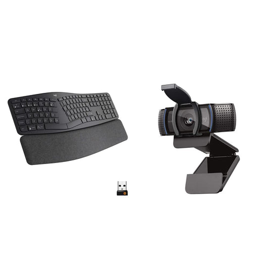 Logitech Ergo K860 Teclado Partido, inalámbrico y ergonómico, Escritura Natural, conectividad Bluetooth y USB, Compatible con Windows/Mac, Negro + C920s HD Pro Webcam con Tapa de privacidad, Negra