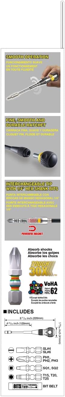 VESSEL - Destornillador intercambiable de carraca con 10 piezas Juego de brocas 2200MBH120K01