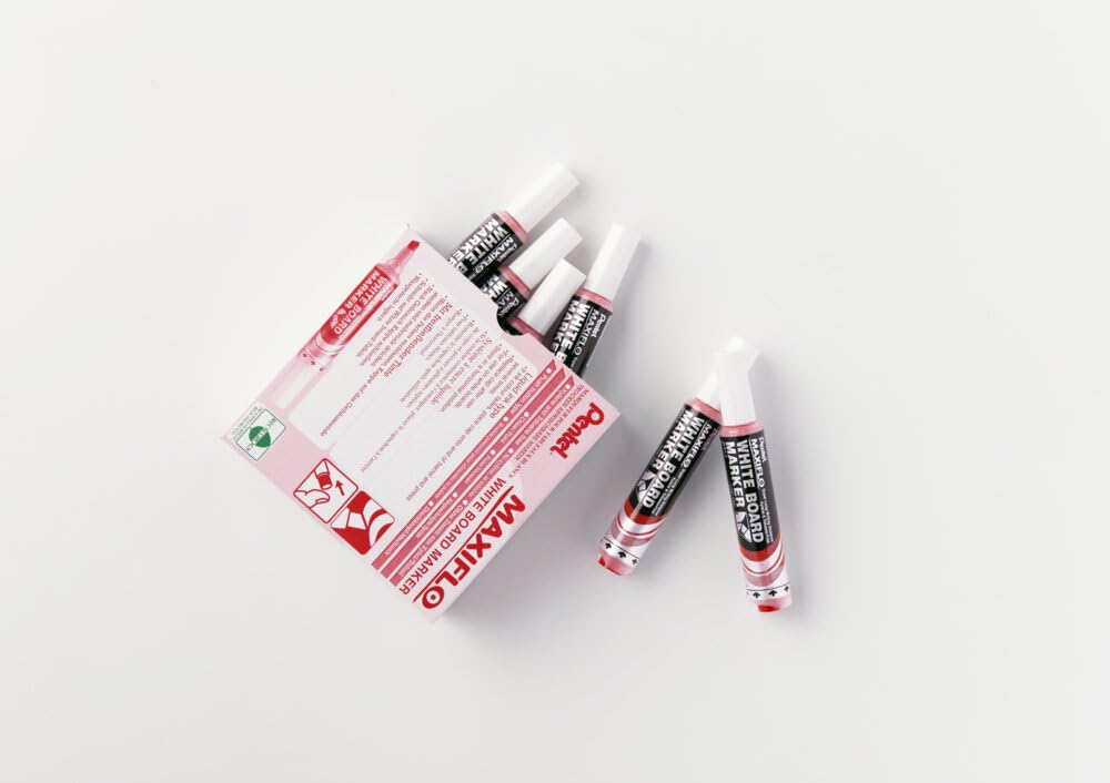 Marcador Pentel MaxiFlo para Pizarrón Blanco Tecnología Tinta Continua Caja con 12 Piezas Color Rojo-MWL6-B