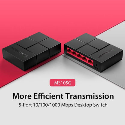 MERCUSYS Switch de Escritorio MS105G, Puertos LAN Gigabit LAN de 5 * 10/100 / 1000Mbps, 2 Años de Garantía, Color Negro