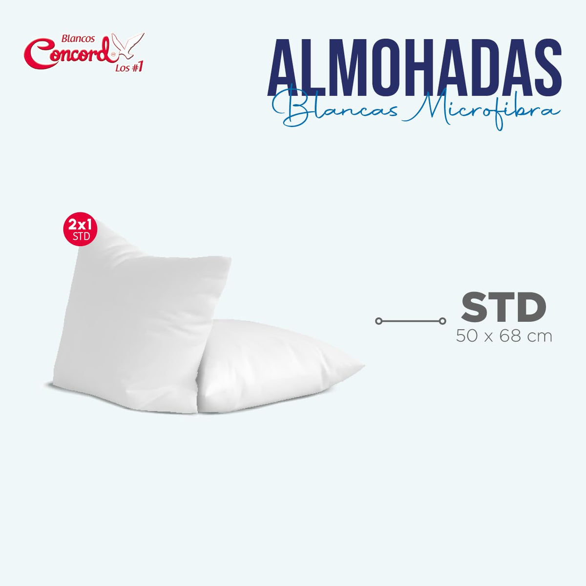 Colchas Concord Almohada de Microfibra, Color Blanco, 100% Poliéster, Tamaño Estándar, Suave e Hipoalergénica para Descanso Reparador, Relleno de Alta Densidad Que Conserva su Forma, 2 Piezas