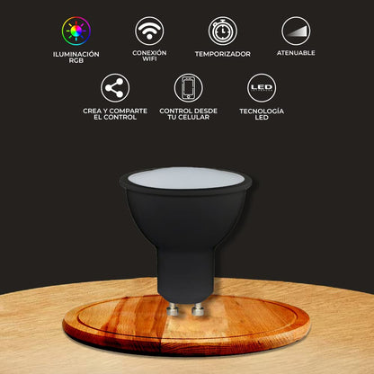 Tecnolite Connect Beam Smart RGB, Foco GU10 Inteligente Wi-Fi LED 5 W , Base GU10, Luz RGB + Blanca, Atenuable, Bombilla Inteligente Compatible con Alexa, Google Assistant, Atajos de Siri y App móvil