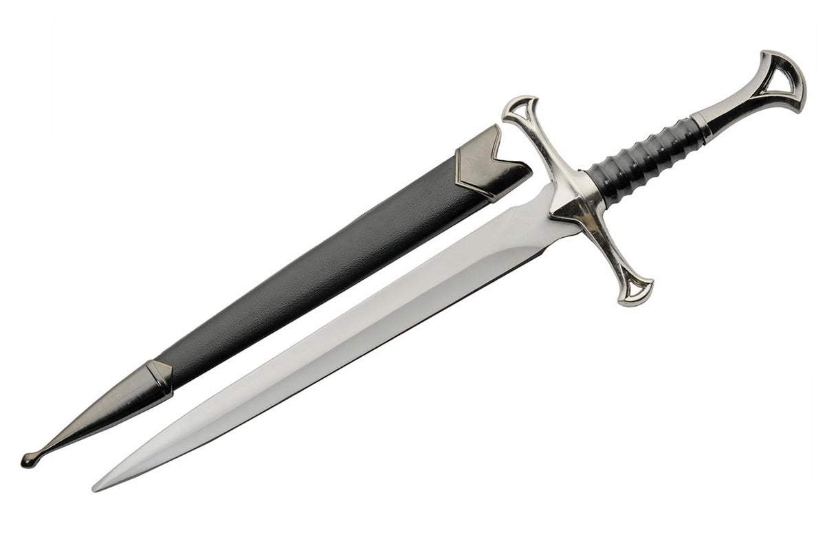 Cuchillo de réplica de daga con punta de aguja plateada de 12.5 pulgadas con funda