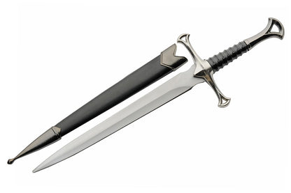 Cuchillo de réplica de daga con punta de aguja plateada de 12.5 pulgadas con funda