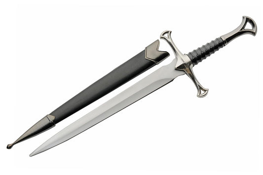 Cuchillo de réplica de daga con punta de aguja plateada de 12.5 pulgadas con funda