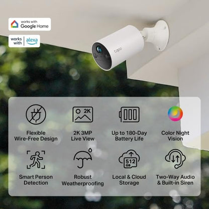 TP-Link Tapo Cámara Wi-Fi de Seguridad Exterior con batería de 180 días, 3MP, Visión Nocturna Full-Color, Funciona con Panel Solar. TC82