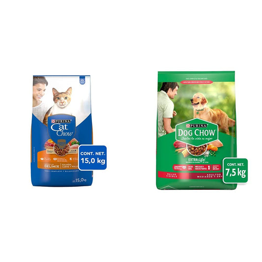 Purina - Cat Chow Comida para Gato, Adulto, Deli Mix, 15.0 kg + Dog Chow Comida para Perros Adultos Medianos y Grandes con Extralife 7.5kg