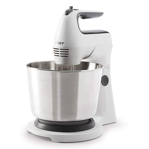 Oster Batidora de Mano y Pedestal 250 W con 6 Velocidades y Tazón de 3.7 L | Acción giratoria para mezclar 2 veces más rápido y uniforme, función Turbo, incluye ganchos amasadores, blanco, FPSTHS3612