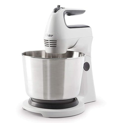 Oster Batidora de Mano y Pedestal 250 W con 6 Velocidades y Tazón de 3.7 L | Acción giratoria para mezclar 2 veces más rápido y uniforme, función Turbo, incluye ganchos amasadores, blanco, FPSTHS3612