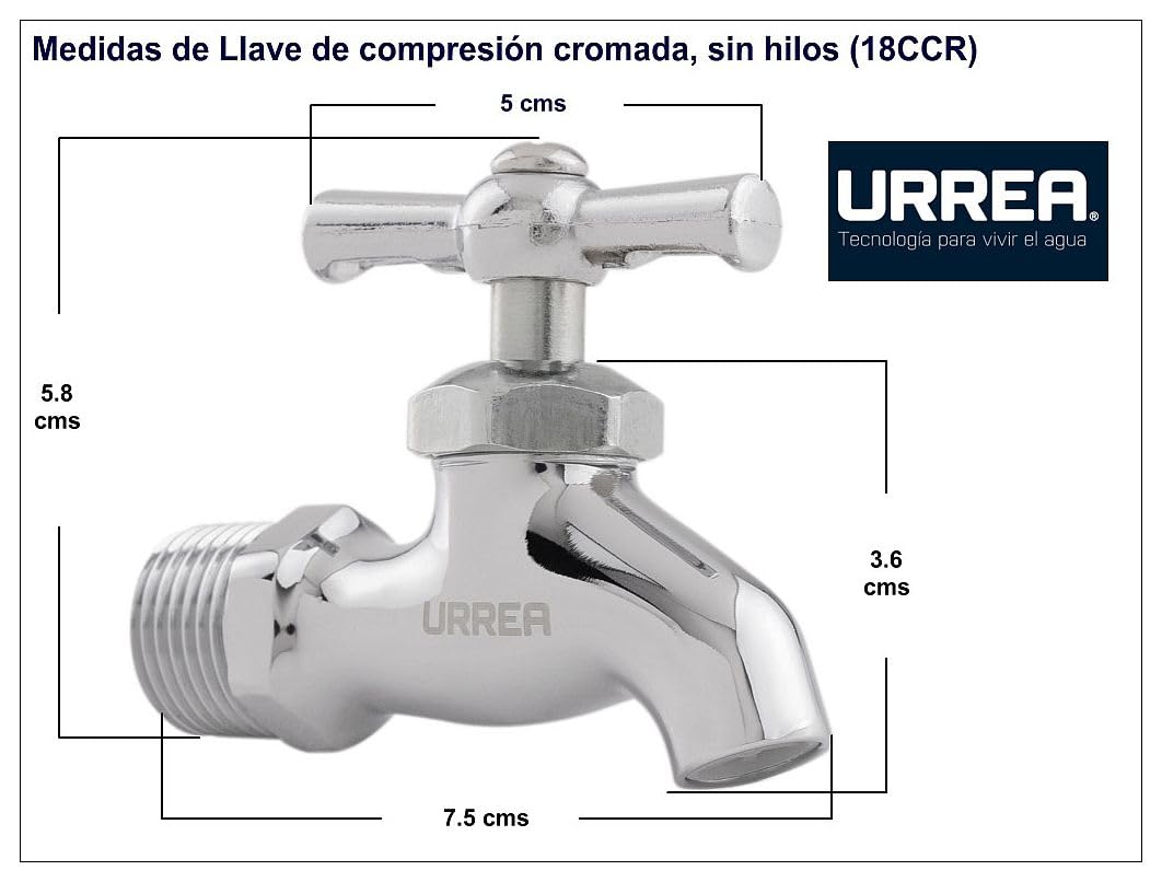 URREA 18CCR Llave de Compresión Cromada sin Hilos, Acabado Cromo