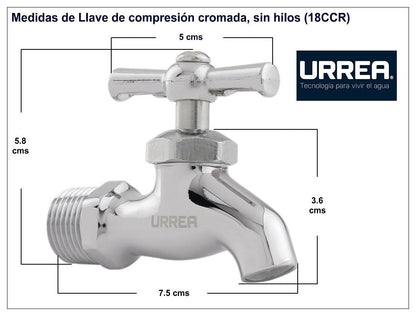 URREA 18CCR Llave de Compresión Cromada sin Hilos, Acabado Cromo