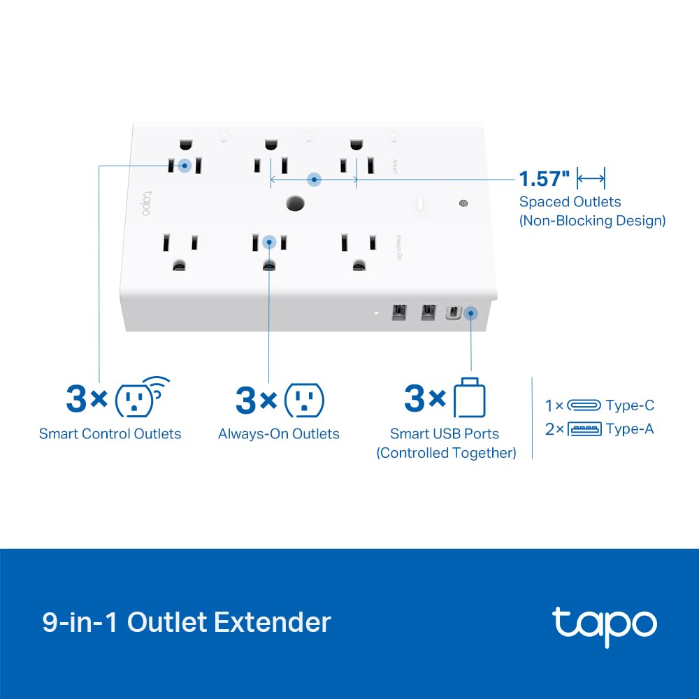 Tapo TP-Link P306, Multicontacto Inteligente, 6*outlets, 2*USB-A y 1* Puerto PD, Sensor de iluminación Ambiental Incorporado, Funciona con HomeKit, Alexa y Google.