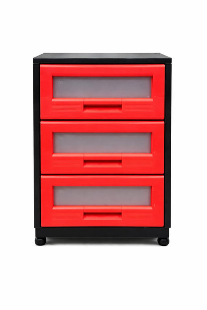 Italhome Mueble De Plástico En Color Negro Rojo Con 3 Cajones, Cajonera Organizador Multiusos Con Ruedas Piave