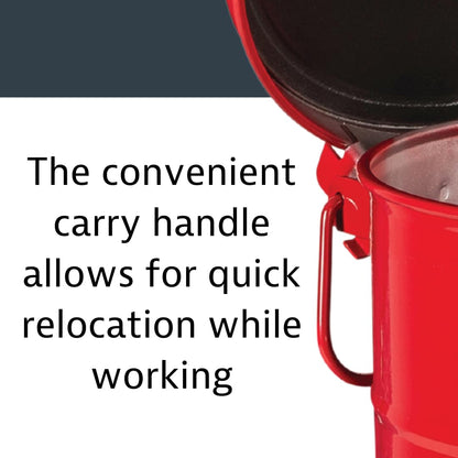 Justrite 09100; Galvanized-steel; Safety cans; For Oily waste; Red; Foot Operated cover; Raised, ventilated Bottom; Reinforced ribs; Self-closing; UL listed; FM approved; Capacity: 6 gal. (23L)