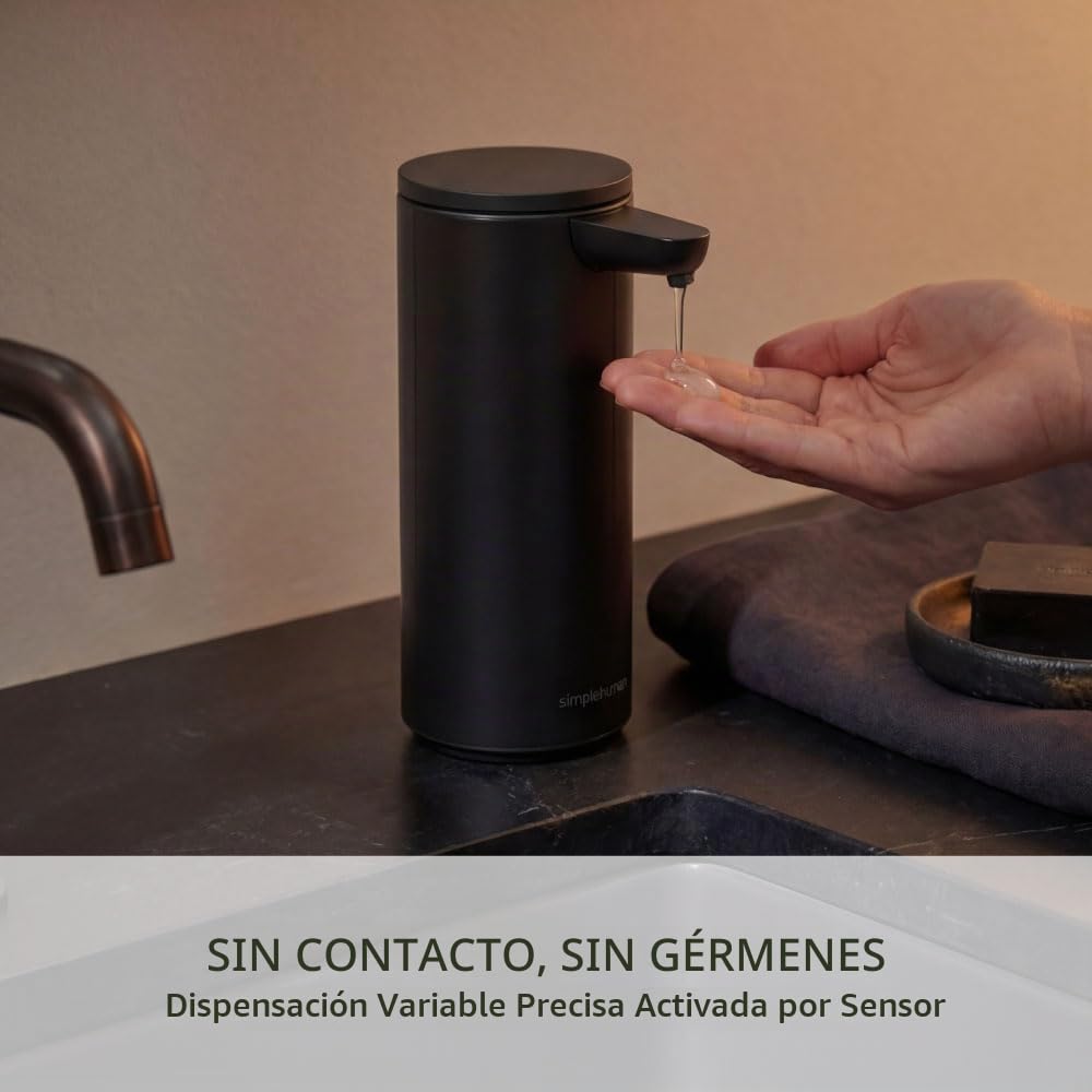 simplehuman Sensor Pump, Dispensador de Jabon Automático Sin Contacto para Cocina, Baño, Dosificación Variable, Válvula Antigoteo IP67, Negro Mate Acero Inoxidable, 266 ml