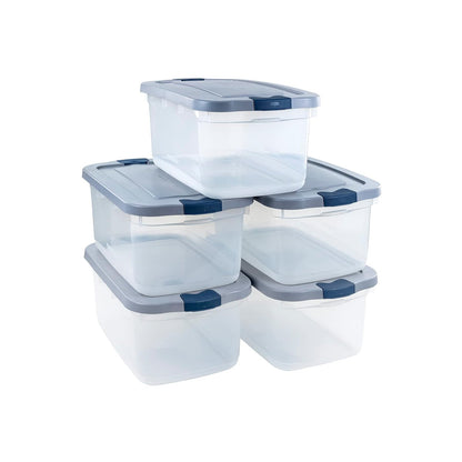 Rubbermaid Roughneck - Contenedores de almacenamiento transparentes de 50 cuartos de galón/12 galones, paquete de 5 con tapas grises con cierre, base visible, resistente y apilable, ideal para