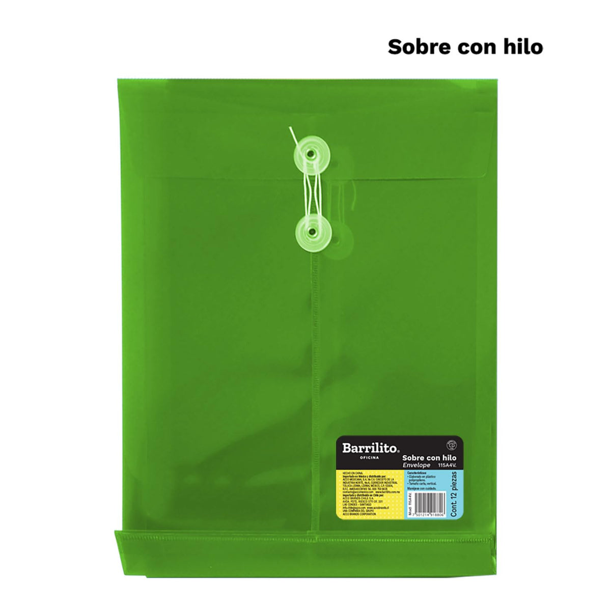 Barrilito Sobre de Plástico Vertical con Hilo, Tamaño Carta, Colores Surtidos. 12 pzas. 115A4V