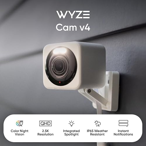 WYZE CAM v4, cámara de Seguridad Inteligente de 2K HD Wi-Fi para el hogar, Uso en Interiores y Exteriores, Monitor de Mascotas/bebés, Foco/Sirena Activado por Movimiento, visión Nocturna de Color