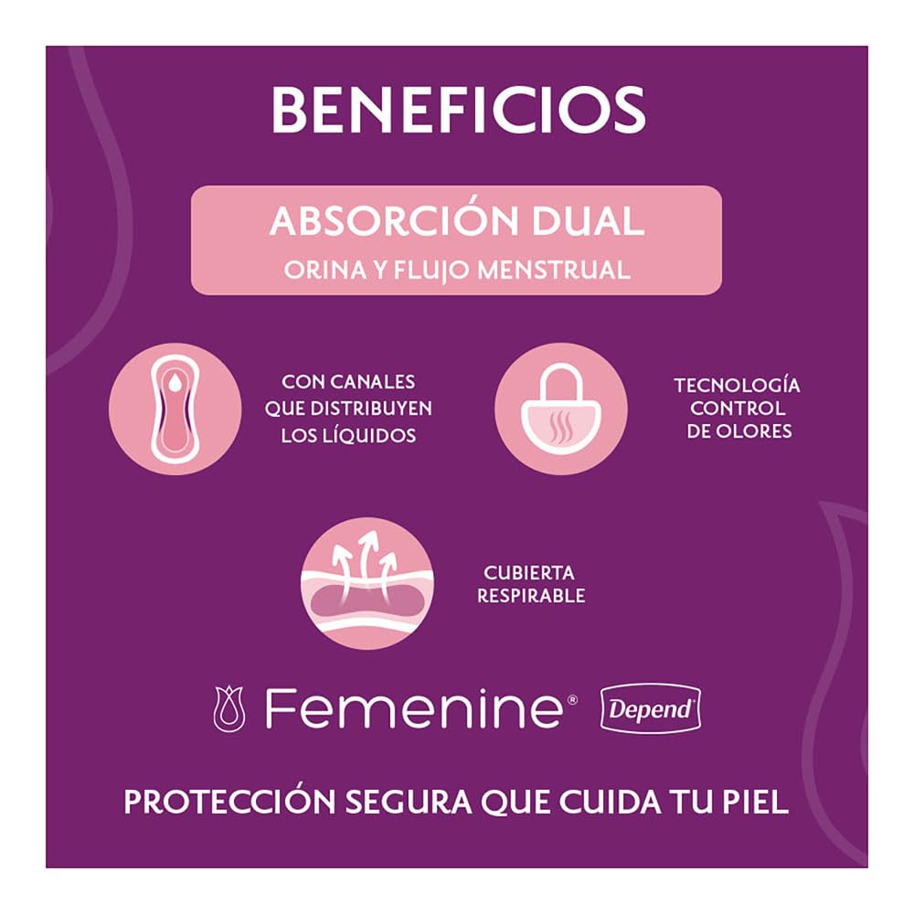 Depend Femenine Pantiprotector para Incontinencia. 400 Piezas. Ideal para goteo ligero. Absorción dual: absorbe orina y flujo menstrual. Cubierta interna adicionada con óxido de cobre, zinc y plata.