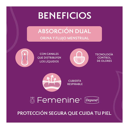 Depend Femenine Pantiprotector para Incontinencia. 400 Piezas. Ideal para goteo ligero. Absorción dual: absorbe orina y flujo menstrual. Cubierta interna adicionada con óxido de cobre, zinc y plata.