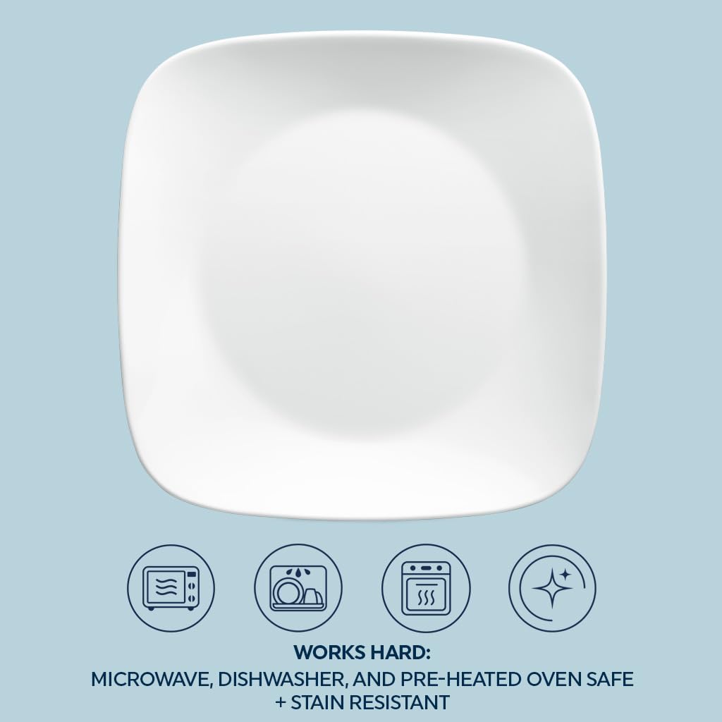 Corelle Vitrelle - Juego de vajilla cuadrada de 18 piezas de 18 piezas de servicio para 6 vajillas cuadradas de triple capa resistente a vidrio y astillas, juego de platos y cuencos cuadrados ligeros
