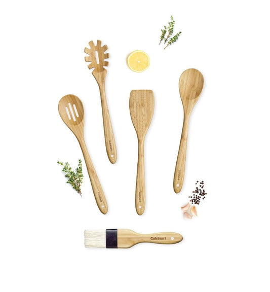 Cuisinart Set de Utensilios de Cocina 5 pzs 100% Bamboo | Set de bamboo 5 pzs, utensilios seguros para cocina antiadherente, Lavado a mano