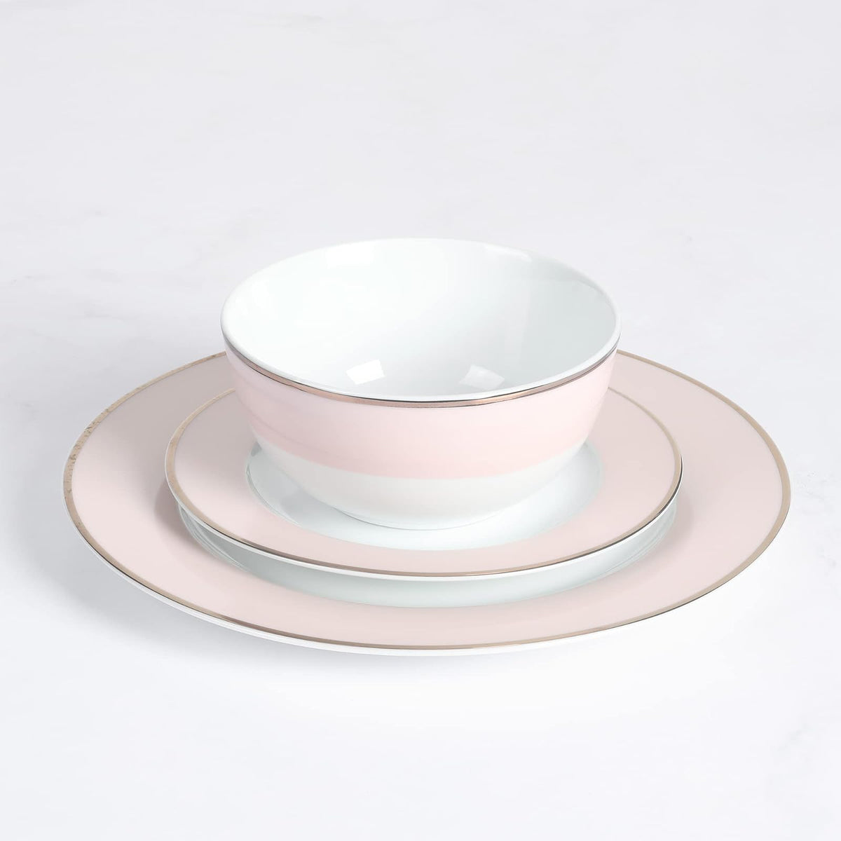 Martha Stewart Gracie Lane - Juego de vajilla de porcelana, 12 piezas, resistente a los arañazos y astillas, color rosa con borde dorado