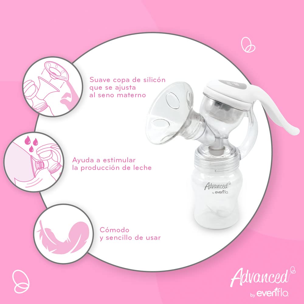 Evenflo Advanced Extractor de Leche Manual, Diseño Ergonómico con Almohadillas de Masaje, Compatible con Biberones Evenflo, Libre de BPA, 1 Pieza