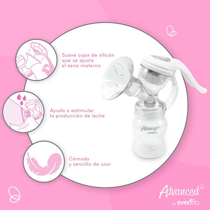 Evenflo Advanced Extractor de Leche Manual, Diseño Ergonómico con Almohadillas de Masaje, Compatible con Biberones Evenflo, Libre de BPA, 1 Pieza