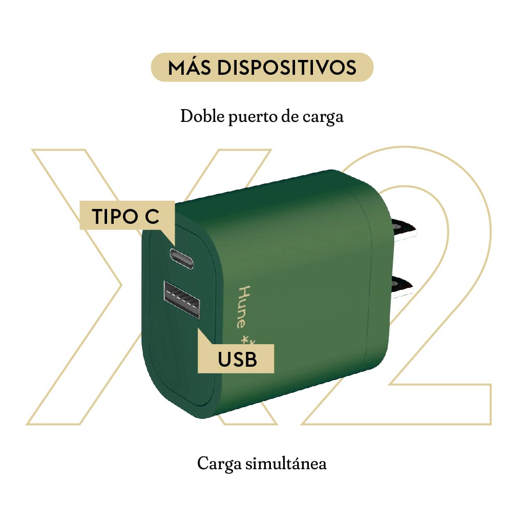 Hune Cargador De Pared Sustentable USB + Tipo C Carga Rápida