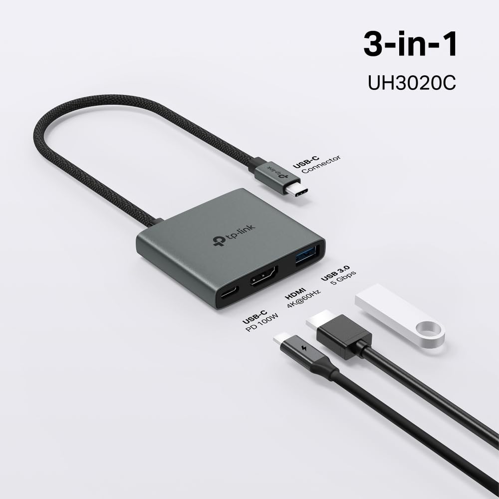 TP-Link USB Type-C 3 en 1 Hub (UH3020C) - 4K HDMI 60Hz, 100W PD de Carga, Puerto USB-A de 5Gbps, Enchufe y Uso, aleación de Aluminio, Cable Trenzado, Compatible con Windows, macOS, iPadOS, ChromeOS,