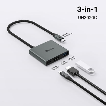 TP-Link USB Type-C 3 en 1 Hub (UH3020C) - 4K HDMI 60Hz, 100W PD de Carga, Puerto USB-A de 5Gbps, Enchufe y Uso, aleación de Aluminio, Cable Trenzado, Compatible con Windows, macOS, iPadOS, ChromeOS,