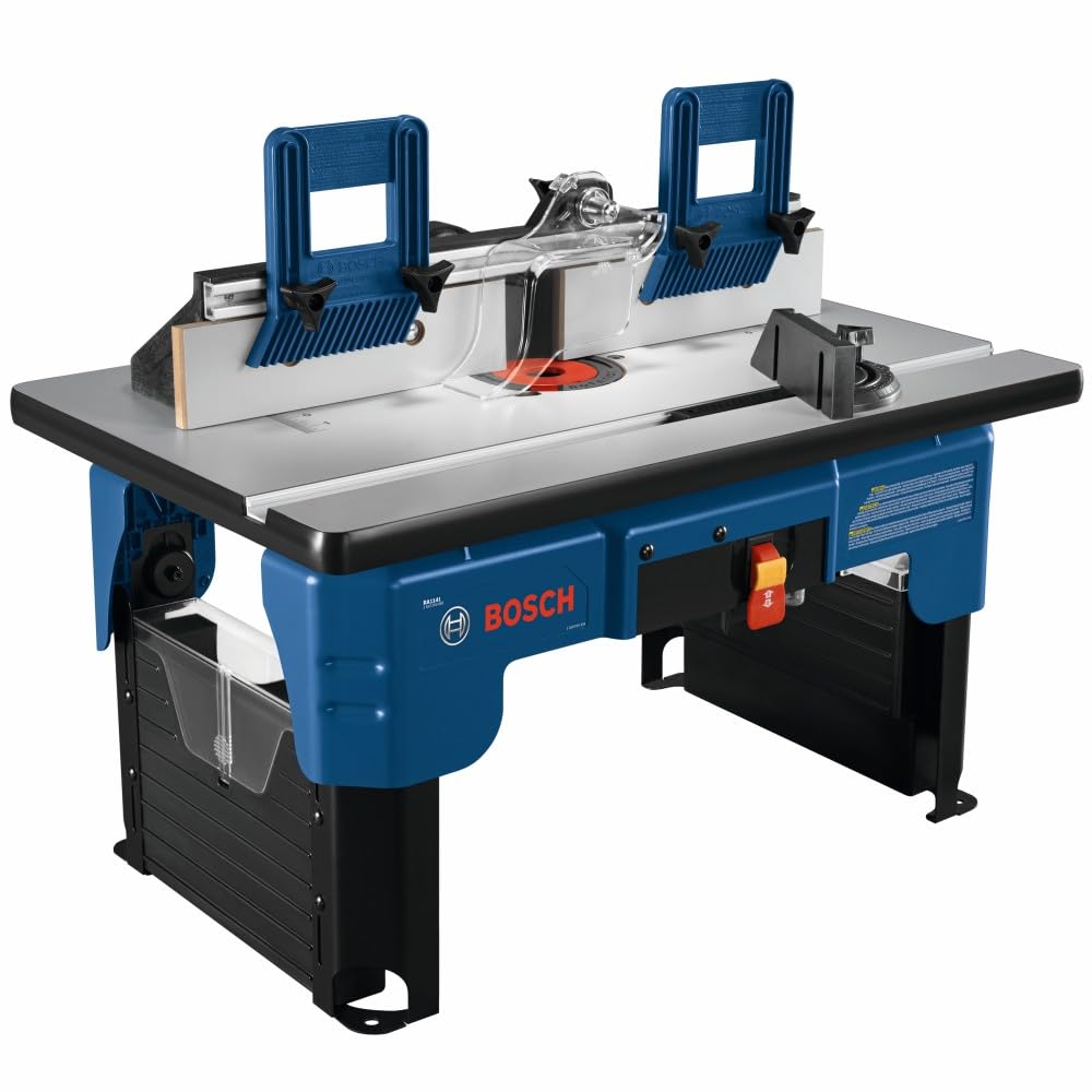 Bosch RA1141 - Mesa de enrutador portátil | Tablero de MDF laminado con montaje Easy Click, valla alta, doble plumaje para fresadoras de carpintería