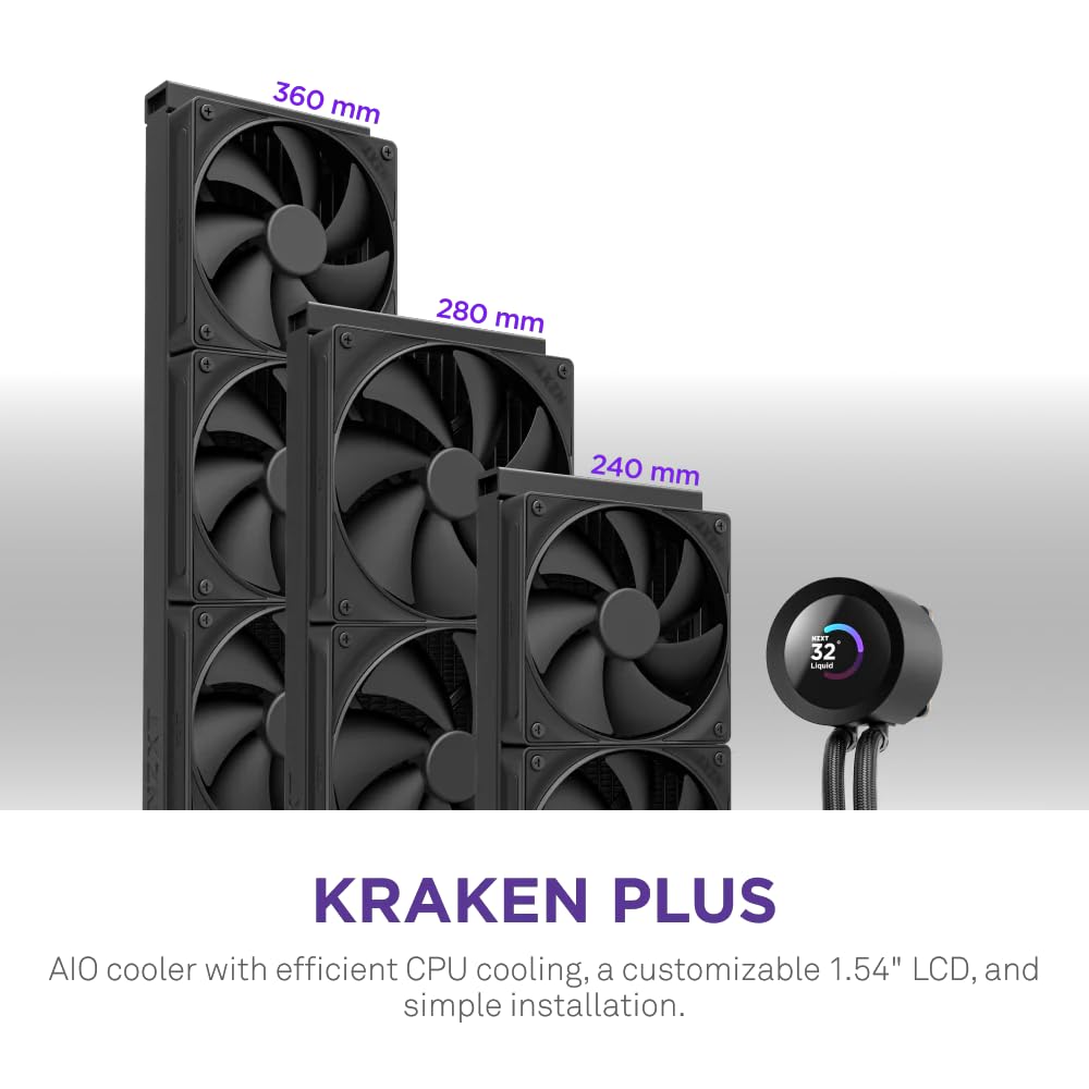 NZXT Kraken Plus 360 – AIO CPU Liquid Cooler – 360mm Radiator – 3 x F120P Fans – Customizable 1.54" Square LCD – AMD® AM5, AM4 – Intel® LGA 1851/1700, 1200/115X – Black