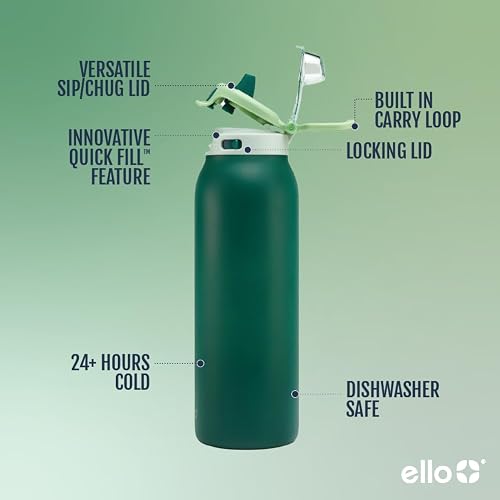 Ello Pop & Fill - Botella de agua de acero inoxidable, para beber o chug | Botella de agua aislada de acero inoxidable con tapa Quick Fill™, popote para sorbos, apertura de chug