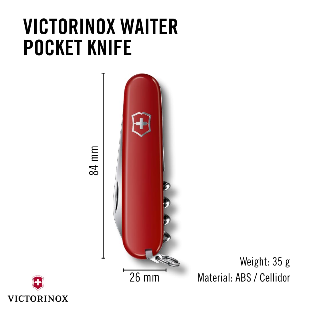 Victorinox Navaja Waiter Tipo Oficial, Roja, 9 Usos | Multiherramienta compacta de 84 mm con hoja grande, sacacorchos, abrebotellas y pelacables. Fabricado en Suiza
