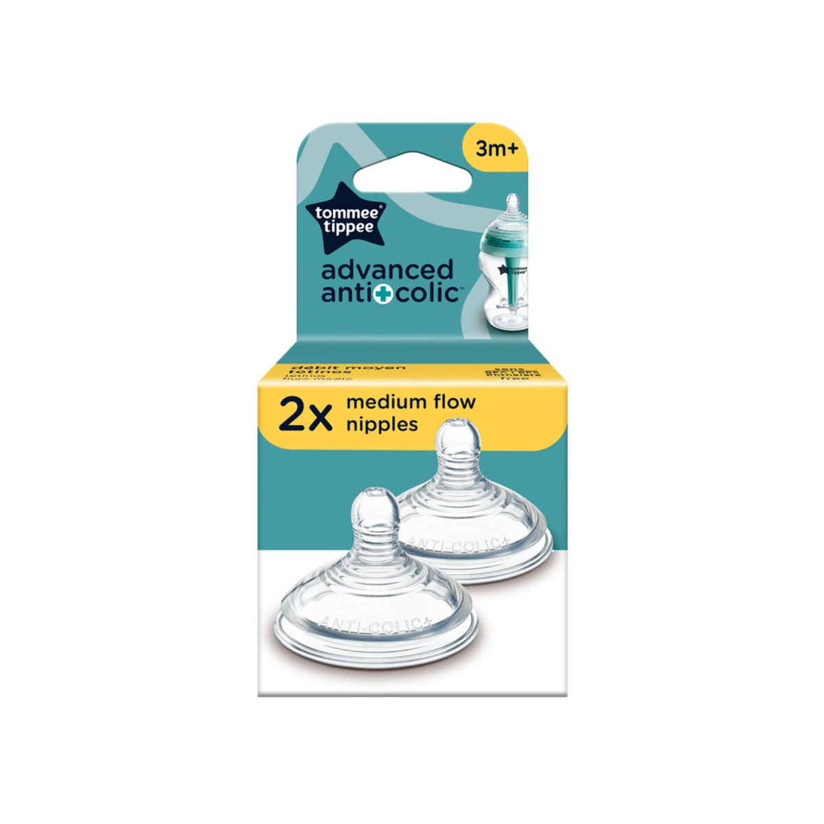 Tommee Tippee Tetinas Advanced Anticólicos, Flujo Medio, 3m+ | Paquete de 2, Tipo Pecho para Agarre Natural, Silicona Suave, Libre de BPA