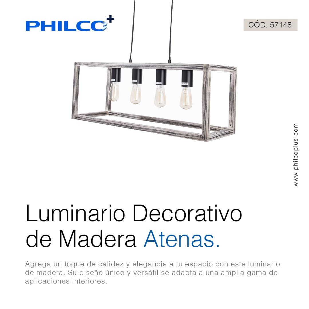 Philco Luminario Decorativo de Madera Atenas. 4 bases E26, base de suspensión de madera, terminado en color negro, diselo único que transmite calidez
