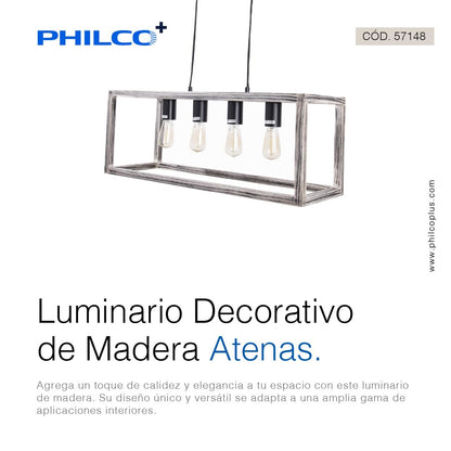 Philco Luminario Decorativo de Madera Atenas. 4 bases E26, base de suspensión de madera, terminado en color negro, diselo único que transmite calidez
