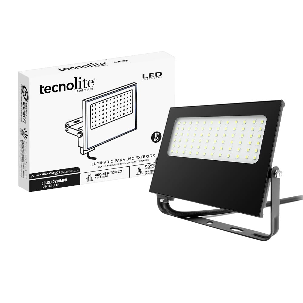 Tecnolite - Reflector LED Exterior 50 W, Luz Cálida Brillante, IP66 - IK05 Resistente a Polvo, Agua y Golpes, Jardines e Idustria, LED Flood Light