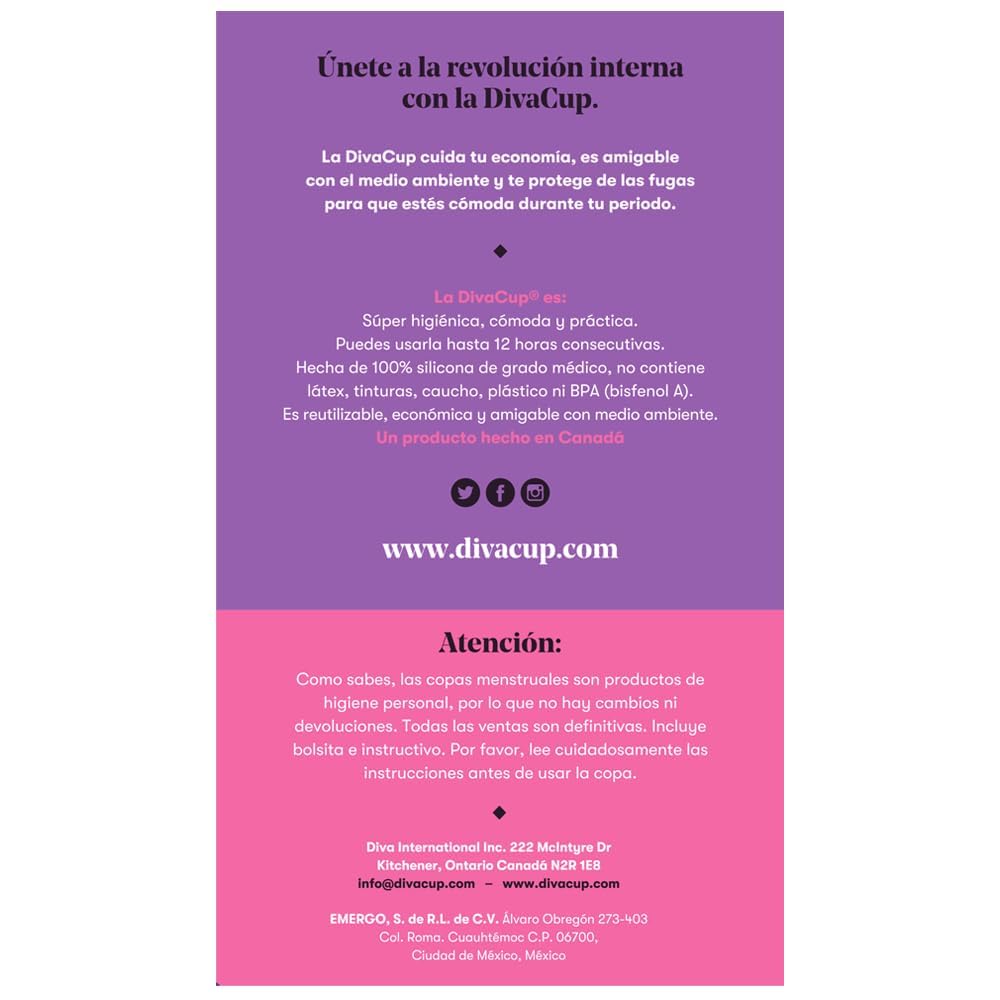 DivaCup Copa Menstrual Reutilizable Modelo 1 – 100% Silicona Médica, Hasta 12 Horas de Protección, Sin BPA ni Látex, Ecológica y Cómoda para Uso Diario