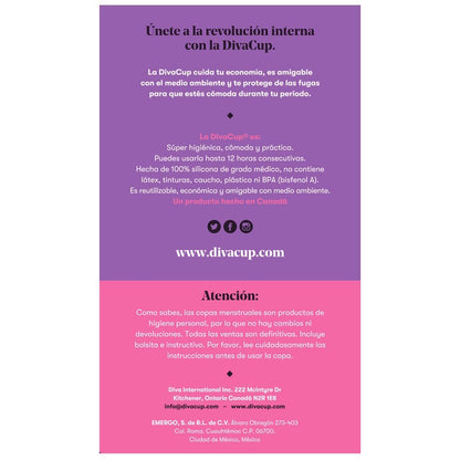 DivaCup Copa Menstrual Reutilizable Modelo 1 – 100% Silicona Médica, Hasta 12 Horas de Protección, Sin BPA ni Látex, Ecológica y Cómoda para Uso Diario
