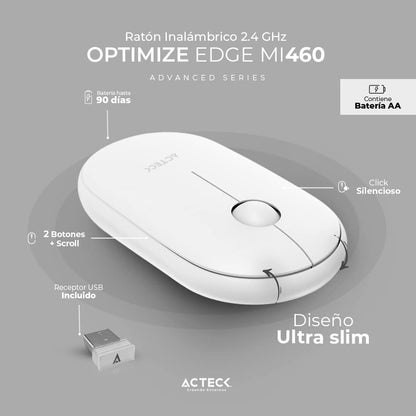 Acteck Mouse Inalambrico 2.4 GHz Optimize Edge MI460 / Diseño Delgado de 1600 dpi s 2 Botones + 1xBat AA Incluida Blanco Advanced Series