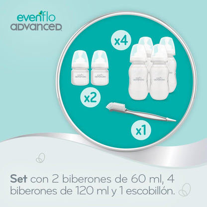 Evenflo Advanced Set Avanzado de 6 Biberones Ortodónticos con Escobillón, Silicón Grado Alimenticio, Libre de BPA, Cuello Angosto, Sistema Triple de Ventilación, para Bebés 0-3 Meses
