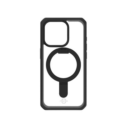 ItSkins Hybrid R Stand Funda con MagSafe Compatible con iPhone 15 Pro MAX, Protección Caídas 3m, Soporte Plegable, Tecnología Antimicrobiana - Negro/Transparente
