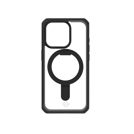 ItSkins Hybrid R Stand Funda con MagSafe Compatible con iPhone 15 Pro MAX, Protección Caídas 3m, Soporte Plegable, Tecnología Antimicrobiana - Negro/Transparente