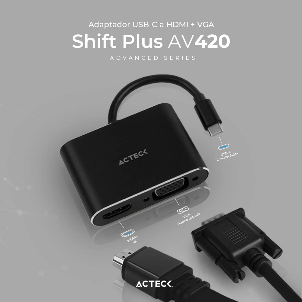 Adaptador USB Tipo C a HDMI + VGA Shift Plus AV420 / Para Video Hasta 4k Macho a Hembra/Hembra Negro Advanced Series