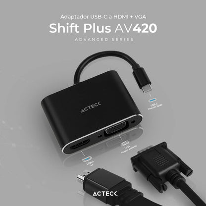 Adaptador USB Tipo C a HDMI + VGA Shift Plus AV420 / Para Video Hasta 4k Macho a Hembra/Hembra Negro Advanced Series